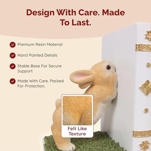 Bunny Bookend Set with 4 Bookmarks – Cute Rabbit Book Holders for Kids Books, Childrens Room Shelves, White Forest Animal Bookends, Peter Rabbit Book Decorations, Gift for Baby Nursery Bunnies - Image 5