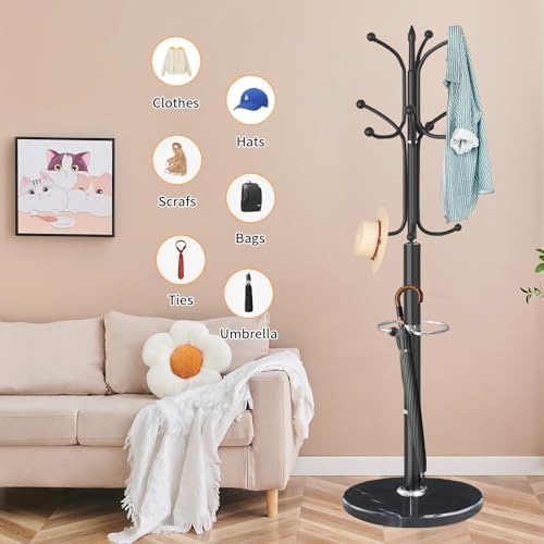 ZOZOE Metal Coat Rack Stand, Modern Coat Rack Freestanding with Natural Marble Base, Sturdy Coat Racks with 12 Hooks & Umbrella Holder,Black Coat Tree Hanger Stand for Bags,Hats,Entryway,Office - Image 5