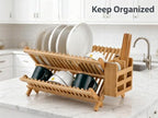 QUEENKAY Dish Drying Rack Collapsible 2-Tier Bamboo Dish Rack for Kitchen Counter Wooden Dish Drainer with Foldable Space-Saving Design for Dishes, Plates, and Cups - Image 3