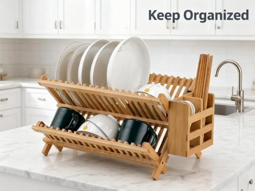 QUEENKAY Dish Drying Rack Collapsible 2-Tier Bamboo Dish Rack for Kitchen Counter Wooden Dish Drainer with Foldable Space-Saving Design for Dishes, Plates, and Cups - Image 3