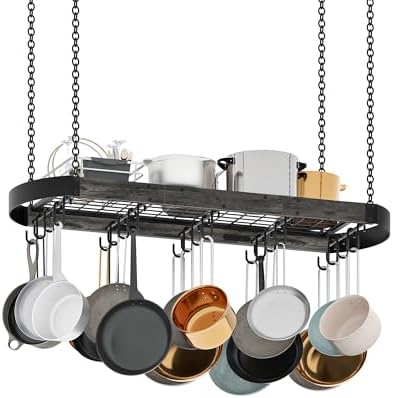 CHOEZON 39.4-Inch Hanging Pot Rack, Space-Saving Pot Hanger for Kitchen, Ceiling Pan Hanging Rack with 16 Detachable S Hooks, Sturdy Metal Frame, Industrial Style, Charcoal Black and Black TPR10BC by Choezon