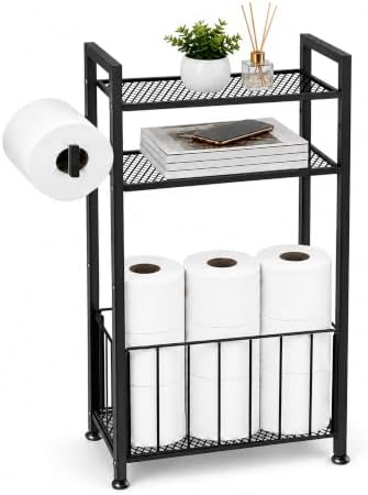 Black Freestanding Toilet Paper Holder Stand with Shelf and Roll Storage by Unknown