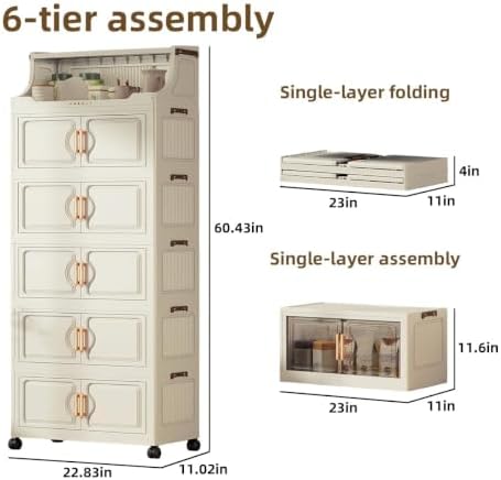 260QT Stackable Storage Bins with Lids & Rack, 6 Tier Large Capacity Foldable Storage Cabinet, Clear Collapsible Pantry Organizer for Home, Kitchen, Bathroom, Dorm, Office, White - Image 2