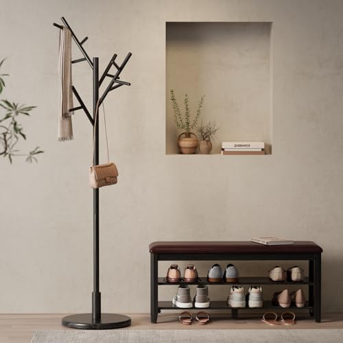 Muwuele Coat Rack, Solid Wood Coat Rack Freestanding with 12 Hooks, Coat tree freestanding 3 Adjustable Heights for coat, Hats, Handbags， Coat Stand for Entryway, Bedroom (Black) - Image 2