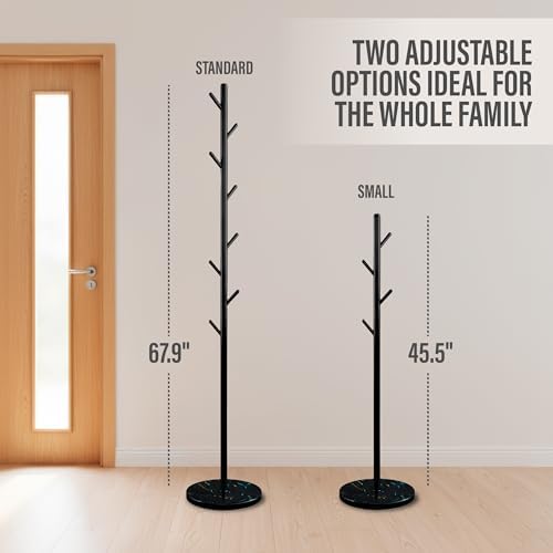 Coat Rack with Real Marble Base, Freestanding Metal Clothing Rack with 8 Hooks, Modern Hall Tree for Entryway, Bedroom & Office, Space Saving Coat Hanger Stand for Small Spaces (Black) - Image 2