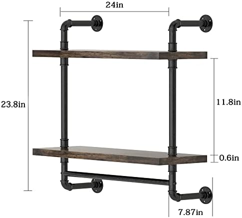 Helsin 24inch Industrial Pipe Shelving Bathroom Shelves Wall Mounted with Towel bar, 2 Tier Rustic Wood Floating Shelf, Metal Towel Rack Wall Shelf for Home & Bathroom (Brown, 24inch) - Image 3