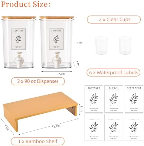RoleDes Liquid Laundry Detergent Dispenser Set with Shelf and Bamboo Lids for Laundry Room Organization and Storage - 2 Pack 96 oz Laundry Containers for Laundry Soap, Fabric Softener - Image 5