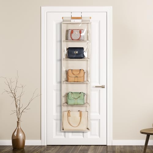 Syeeiex Over the Door Purse Organizer with Zippers, 5 Mesh Shelves, Beige - Image 2