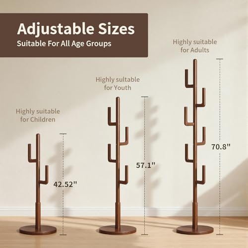 Coat Rack,Solid Wood Cactus Coat Rack Freestanding With 6 L-Shaped Hooks and 3 Adjustable Sizes,Coat Tree for Bedroom, Entryway, Livingroom, Coat Hanger Stand for Coats, Handbags (Walnut) - Image 3