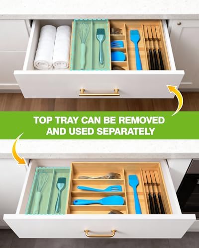 HULISEN Double Layer Bamboo Utensil Drawer Organizer for Silverware Cutlery - Image 4