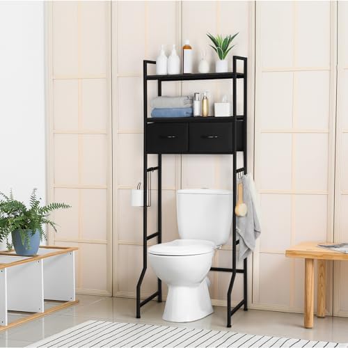 ETELI Over The Toilet Storage Bathroom Cabinet 3 Tier Freestanding Over Toilet Storage Cabinet Shelf Space Saving Behind Above Toilet Bathroom Organizer with Fabric Drawers, Black by ETELI