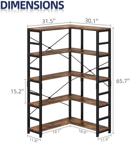 NUMENN 5-Tier Corner Bookshelf, L-Shaped Corner Bookcase, Vintage - Image 3