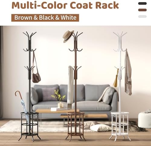 Coat Rack Freestanding with Umbrella Stand Coat Rack Stand with 12 Hooks Metal Coat Tree Coat and Hat Hanger Jacket Entryway(Brown) - Image 6