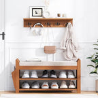 PETKABOO 31.5" Shoe Bench with Coat Rack Hidden Drawer and Side Holder, 2 Tier Entryway Bench with Storage, Bamboo Shoe Rack with Cushion for Entryway Hallway Living Room Bedroom - Image 7