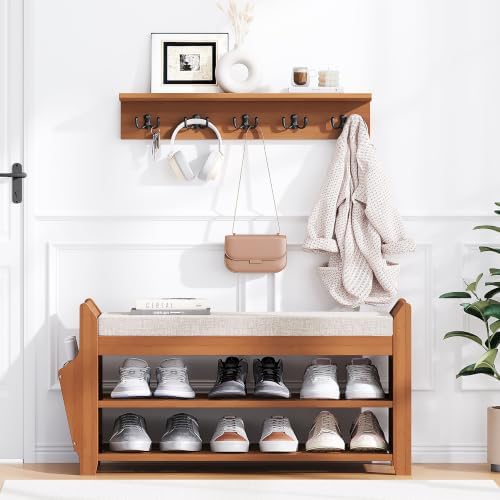 PETKABOO 31.5" Shoe Bench with Coat Rack Hidden Drawer and Side Holder, 2 Tier Entryway Bench with Storage, Bamboo Shoe Rack with Cushion for Entryway Hallway Living Room Bedroom - Image 7