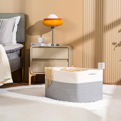ICERZCZ Large Blanket Basket Living Room, Rectangle Storage Basket, Large Basket for Blankets, Woven Cotton Rope Baskets for Storage Toy Dirty Clothes, 22”x17”x12”, White & Grey, 75L - Image 2