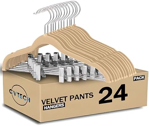 GVTECH Velvet Hangers with Clips, [24 Pack] Metal Clip Hangers for Pants - Notched Skirt Hangers for Pants, Skirts, Suit, Dresses & Shirts 360° Swivel Hook, Non Slip Felt Hanger (Beige, 24 Pack) by Unknown