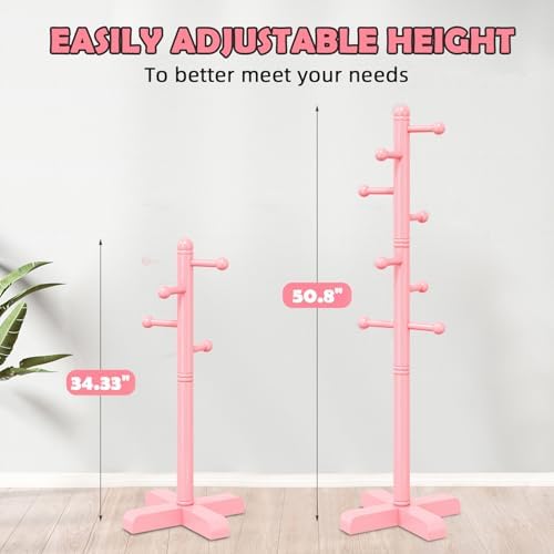 8-Hook Freestanding Wooden Coat Rack 2 Adjustable Heights Pink - Image 5