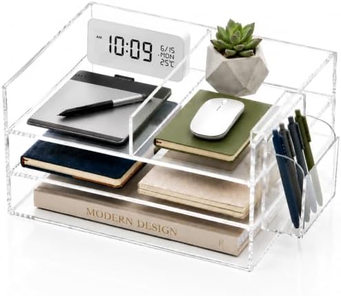 Clear Acrylic Desk Organizer with Pencil Holder – Paper Tray Office Storage by Unknown