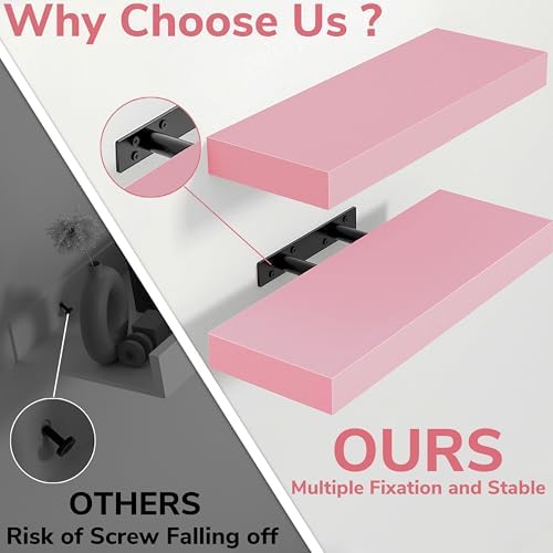 BAMEOS Pink Floating Shelves for Wall, 16" x 6" Wall Shelves for Room, Floating Book Shelves, Hanging Shelves for Bedroom, Bedroom, Living Room, Kitchen (Set of 2) - Image 4