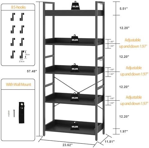 HCHQHS 5 Tier Bookshelf, Adjustable Industrial Bookcase, Vertical Tall Book Shelf, Wood and Black Metal Open Bookshelves for Home Office, Living Room, Bedroom - Image 3