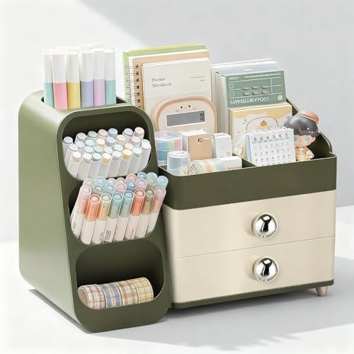 Desk Organizer with Pen Pencil Holder, Pen Organizer with 2 Drawers & 4 Compartments, Desktop Organizers and Storage for Office Home School Art Supplies (Green) by ZZFENGKR