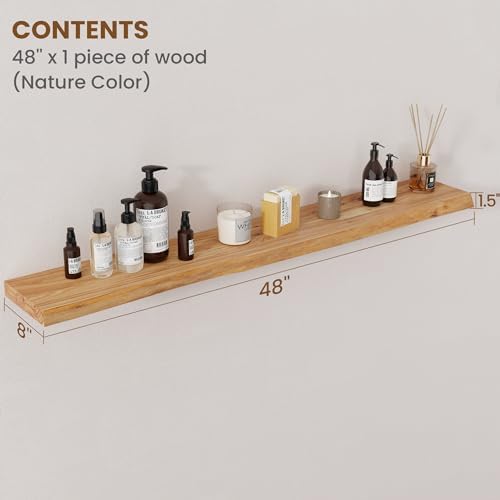 FLYJOE Floating Shelves for Wall Decor, Rustic Solid Elm Wood Live Edge Floating Shelves Wall Mounted, Wall Shelves with Invisible Bracket for Living Room Bathroom Bedroom Kitchen, 48 Inch, Natural - Image 2