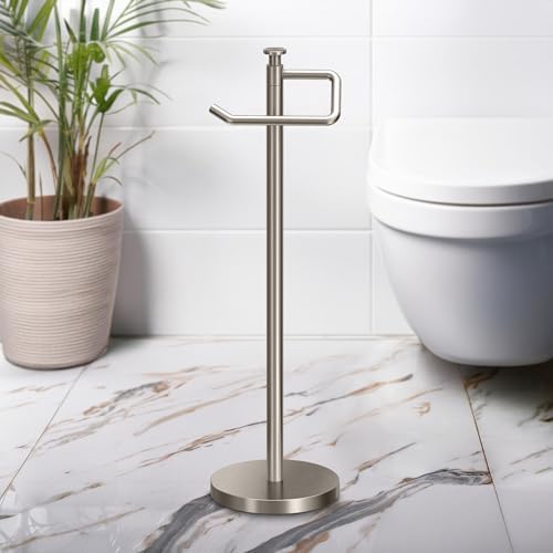 Gatco 1435SN Freestanding Toilet Paper Holder, 23.68” H, Satin Nickel Toilet Tissue Roll Holder Stand With Weighted and Padded Base For Bathroom - Image 3