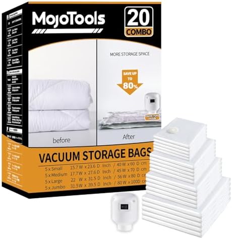 Vacuum Storage Bags with Electric Air Pump, 20 Pack (5 Jumbo, 5 Large, 5 Medium,5 Small) Space Saver Bag, Space Saver Bag, Vacuum Sealer Bags for Clothes, Blanket, Duvets, Pillows, Comforters, Travel by MoJoTools