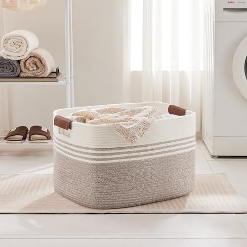 86L Large Woven Laundry Basket Hamper with Leather Handles,Brown​ - Image 3