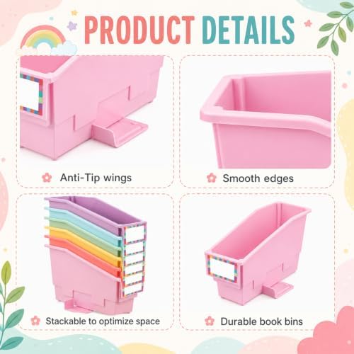 gisgfim 12 Pcs Non-Tip Book Bins with Stabilizer Wings (Pastel) - Image 3