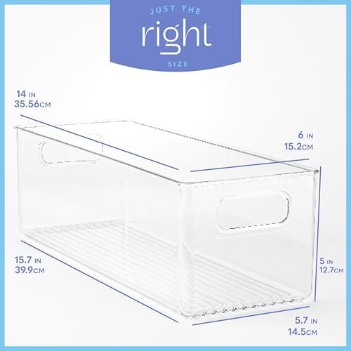 Plastic Food Storage 4 Pack Clear Container Bin with Handles for Organizing Kitchen, Pantry, Fridge, Freezer, Pantry, Bathroom. 14"x6"5" - Image 3