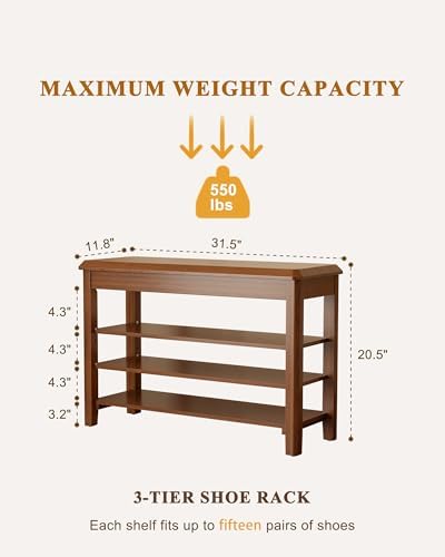 IUNVR Shoe Rack Bench Seat Rubberwood 3-Tier Wooden Storage Bench 550lbs Compact Mid-Century Modern Design for Entryway, Hallway, Closet, Front Door Entrance, Foyer - Image 2