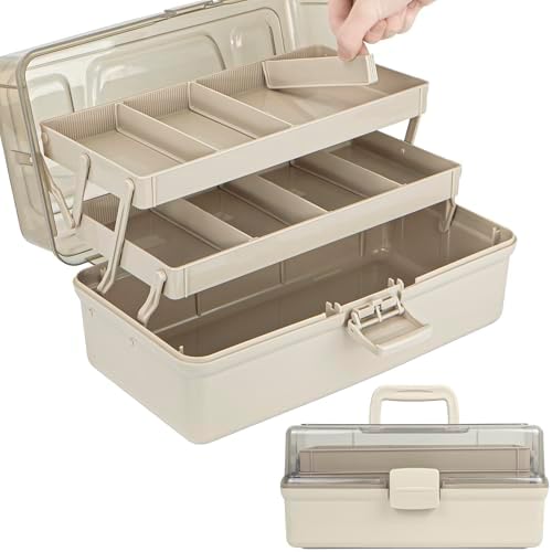 TERGOO 14in 3-Layer Multipurpose Craft Organizers and Storage with Adjustable Dividers, Portable Tackle Box, Folding Art & Craft Case for Medicine, Tool, Sewing Organizer (Brown, X-Large) by Focusonefficientstorage