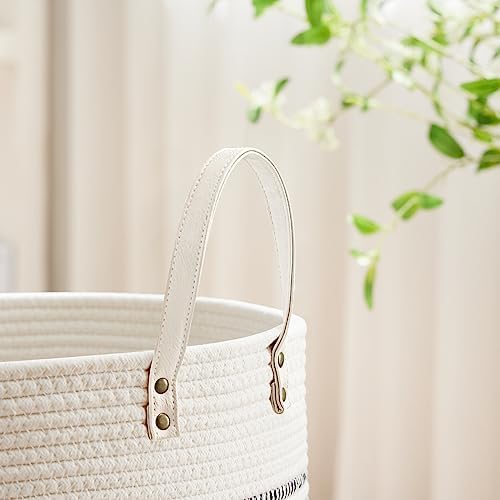 VIPOSCO 58L Tall Woven Rope Laundry Hamper, Leather Handles, Stripe White - Image 3
