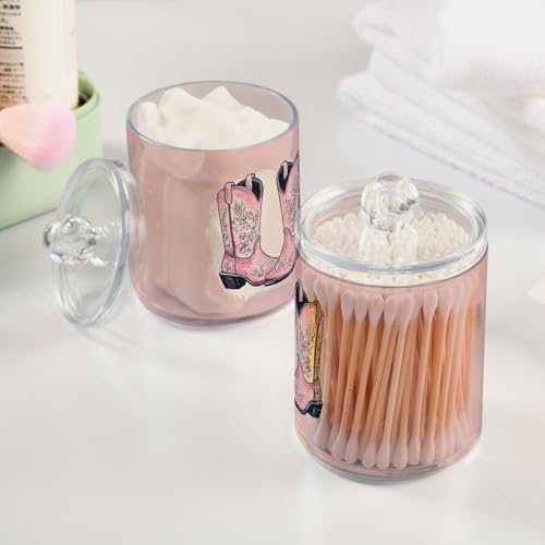 Fustylead 4 Pack Pink Cowgirl Boots with Ornament Plastic Apothecary Jar Set for Cotton Swab, Ball, Pad, Floss, Qtip Holder Dispensers for Bathroom Storage Organizer - Image 4