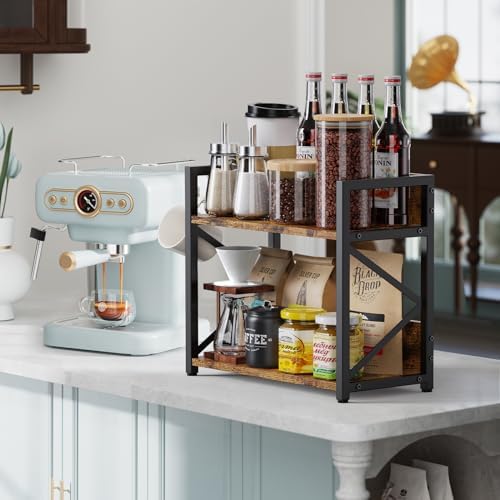 RUILALIFE Coffee-Bar-Station-Organizer Shelf for Countertop, 2 Tiers Kitchen Counter Shelf Riser, Wooden Spice Rack Organizer, Coffee Bar Accessories(Rustic Brown, Large) - Image 2