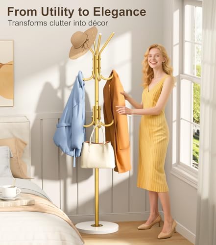 MISSLO Heavy Duty Coat Rack Freestanding with Stable Wood Base Modern Coat Tree with 12 Hooks Adjustable Coats Hanger Stand Stylish Standing Clothes Tree for Entryway Bedroom Corner Hall (Gold) - Image 2