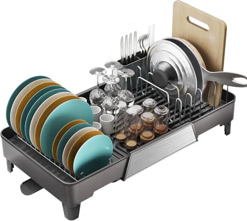 Large Expandable Dish Drying Rack, Dish Racks for Kitchen Counter, Space Saving & Rust Resistant Dish Drainer with Removable Drainboard & Utensil Holder, Adjustable Length 16.4 to 24.4 Inches by FoxHive