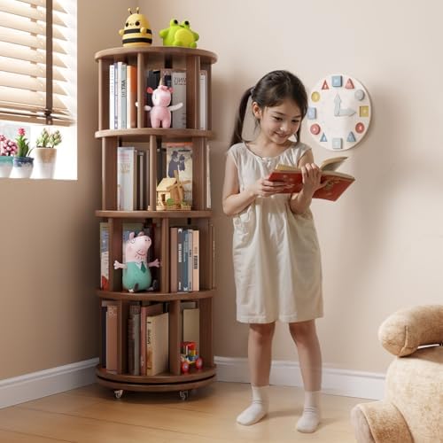 Muwuele 4 Tier Solid Wood Rotating Bookshelf Tower on Wheels, Walnut - Image 3