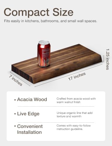 BATODA Wooden Floating Shelves for Wall, 17" Acacia Live Edge, Set of 2 Pcs - Image 3
