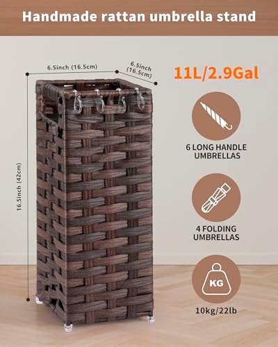 Rattan Umbrella Stand, Umbrella Holder for Entryway, Hand Woven Umbrella Rack Organizer Freestanding, with a Detachable Drip Tray, 4 Hooks, 6.5" L x 6.5" W x 16.5" H, Brown - Image 3