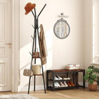 HOMEFORT Coat Rack, Coat Hanger Stand with 2 Shelves, Freestanding Hall Tree, Metal Hat Hanger with 12 Hooks for Clothes Hats and Scarves, Black and Rustic Brown,15.7" Wx15.7 Dx72.8H - Image 2