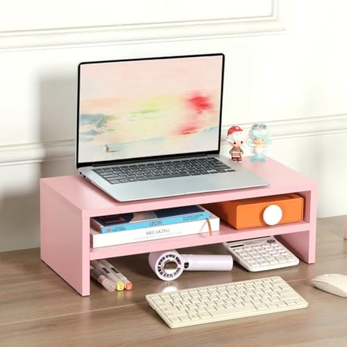 DS502P TEAMIX 20 inch Pink Monitor Riser Stand - 2 Tiers, Wood Desktop Bookshelf - Image 7