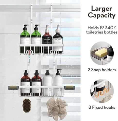 Over the Door Shower Caddy Hanging With Double Soap Holder Never Rust Aluminum Shower Shelf With 4 Hooks Hanging Bathroom Organizer No Drilling Shelves for Bathroom Storage Silver - Image 3