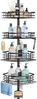 Consumest Corner Shower Caddy Tension Pole - Rustproof Shower Shelves with Towel Bar & Soap Holder, Adjustable Bath Organizer for Bathroom Storage, 27.6-108.3 inch, Black by Consumest