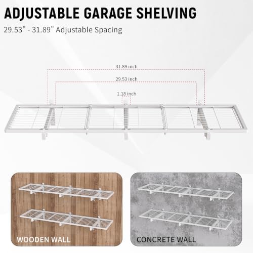 2 Pack Garage Wall Shelving, 46" x 12.5" Heavy Duty Storage Racks, Garage Shelves Wall Mounted with 8 Hooks, 320 LBS Capacity Floating Metal Shelf Organizer for Laundry Room, Basement, Workshop - Image 5