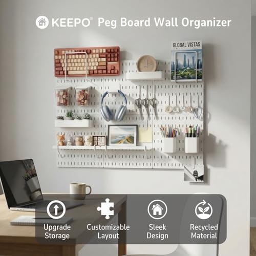 Keepo Peg Board Wall Organizer – Plastic Pegboard Panels, Modular Peg Board Storage System for Home Office, Craft Room, Gaming Setup (White, 33″×22″) - Image 2