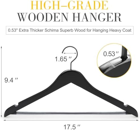 TOPIA HANGER Premium Wooden Hangers, Luxury Boutique Wood Hangers with Extra Thick Hook and Non Slip Pants Bar, Heavy Duty Coat Hanger with Notches 16 Pack, Black -CT01B - Image 2