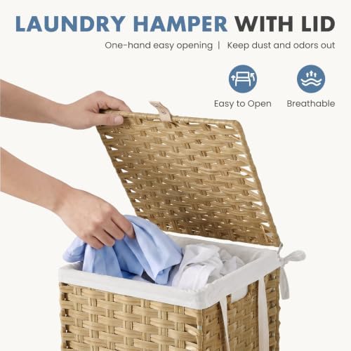 DUMOS Laundry Basket with Lid, 65L Wicker Laundry Hampers, Goose Yellow - Image 2